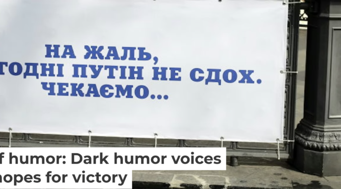 A banner reading, ‘Regrettably, Putin did not die today. We are waiting …’ hangs in the City Garden of Odesa, Ukraine, on April 1, 2023. Viacheslav Onyshchenko/Global Images Ukraine via Getty Images News